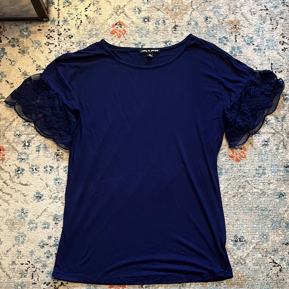 Cable & Gauge Navy Top with Lace Sleeves
